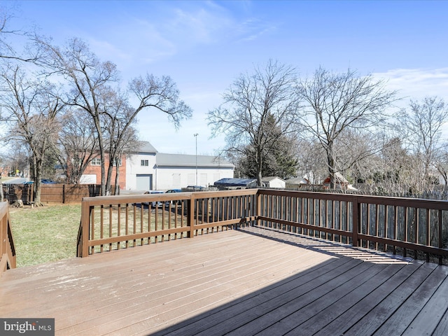 wooden deck featuring a fenced backyard and a lawn