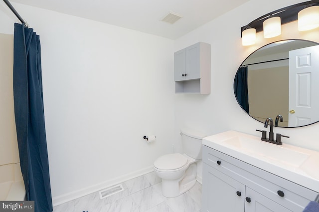 bathroom with visible vents, baseboards, toilet, and marble finish floor