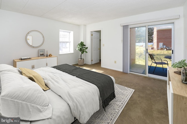 carpeted bedroom with baseboards and access to outside