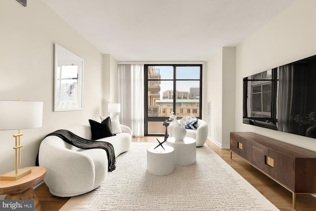 living area with floor to ceiling windows, baseboards, and wood finished floors