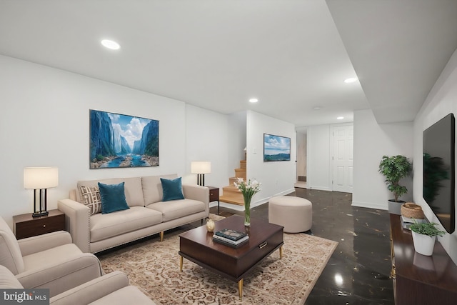living area featuring finished concrete floors, baseboards, stairs, and recessed lighting