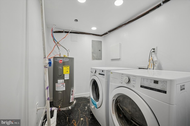 laundry area with electric panel, laundry area, recessed lighting, water heater, and separate washer and dryer