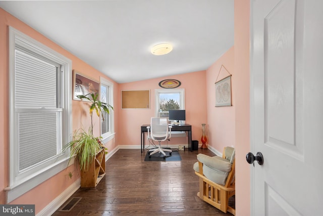 office area featuring visible vents, baseboards, and dark wood-style flooring