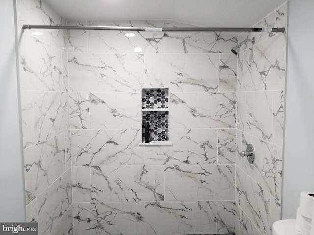 bathroom with toilet and a marble finish shower