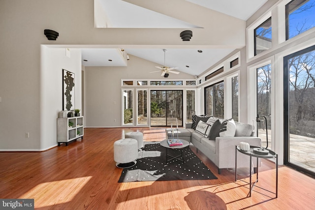 living area with baseboards, high vaulted ceiling, and wood finished floors