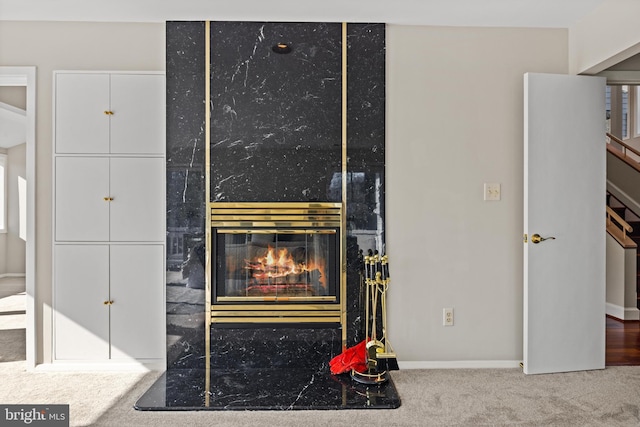 room details with carpet floors, baseboards, and a premium fireplace