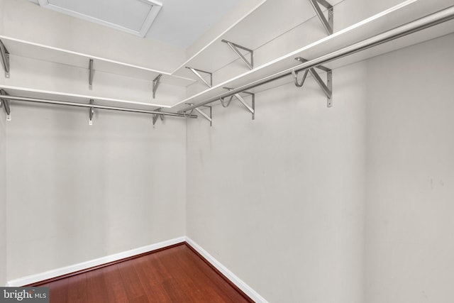 walk in closet featuring attic access and wood finished floors