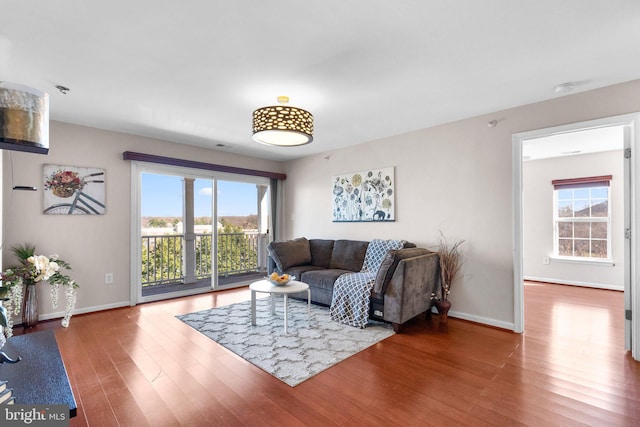 living room with baseboards and wood finished floors