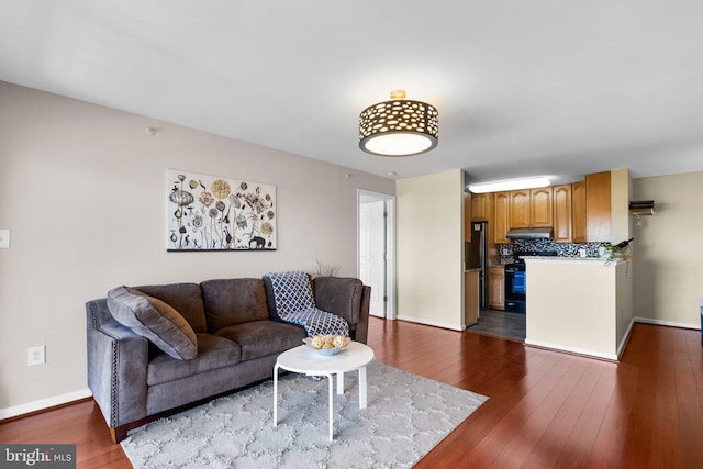 living area featuring dark wood finished floors and baseboards