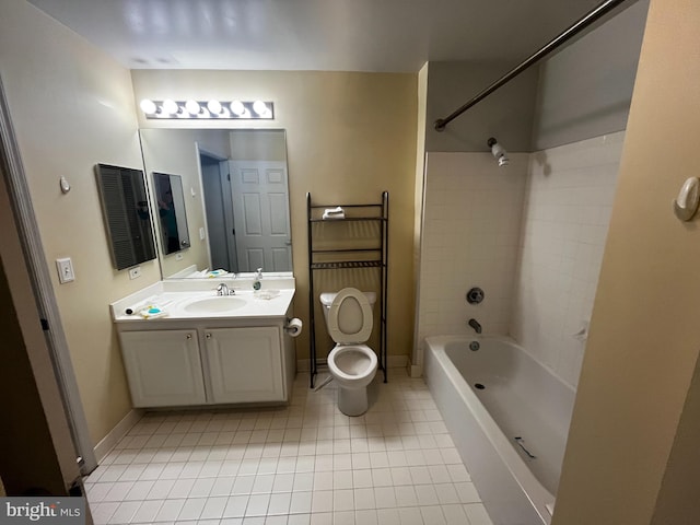 full bath with tub / shower combination, baseboards, toilet, tile patterned floors, and vanity