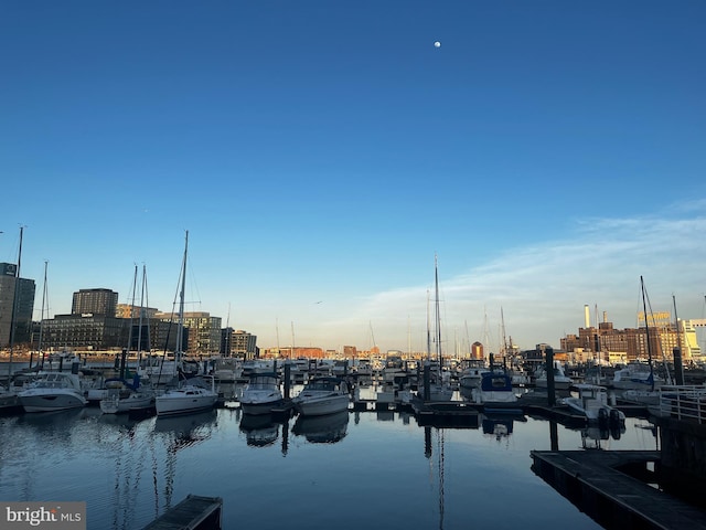 dock area with a view of city and a water view