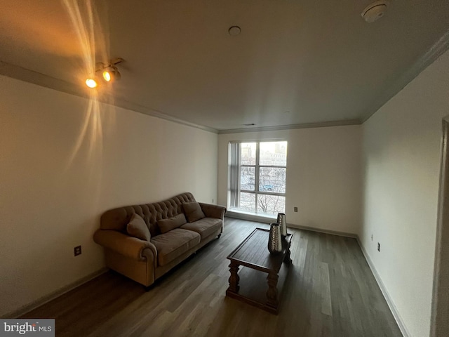 living area featuring ornamental molding, baseboards, and wood finished floors