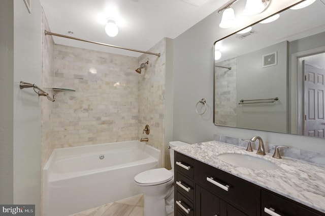 bathroom featuring vanity, shower / tub combination, toilet, and visible vents