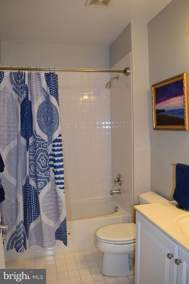 full bathroom featuring tile patterned floors, shower / bathtub combination with curtain, visible vents, toilet, and vanity