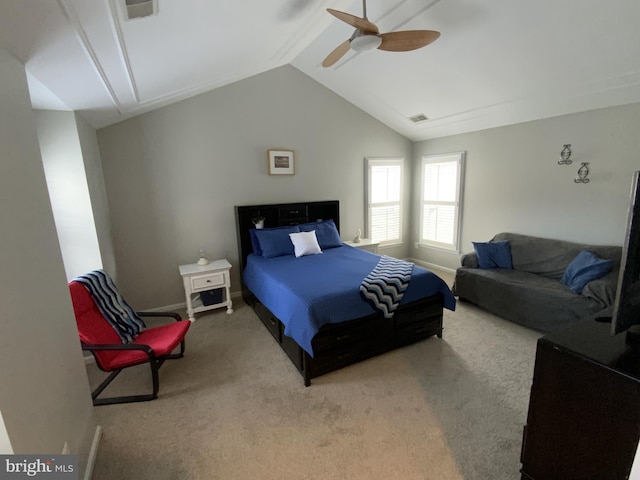 bedroom with visible vents, light carpet, a ceiling fan, baseboards, and vaulted ceiling