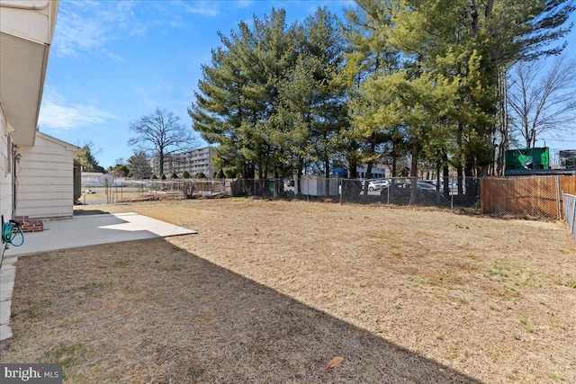 view of yard with a fenced backyard and a patio