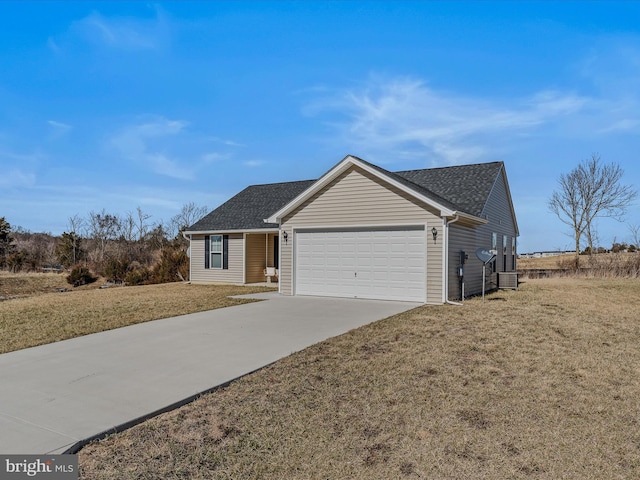 single story home with a front yard, a garage, driveway, and roof with shingles