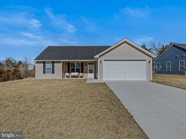 ranch-style home featuring central AC unit, roof with shingles, an attached garage, a front lawn, and concrete driveway