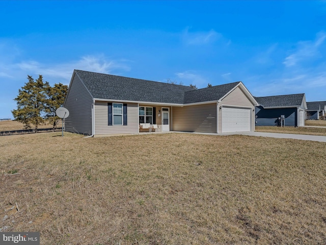 single story home featuring a garage, concrete driveway, a front yard, and a shingled roof