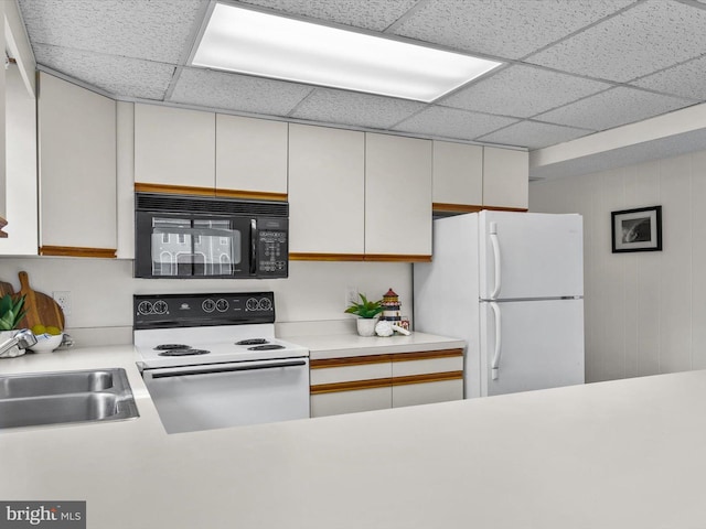 kitchen with a drop ceiling, white appliances, light countertops, and a sink