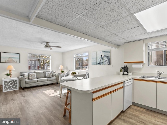 kitchen with a peninsula, a sink, light countertops, dishwasher, and light wood-type flooring