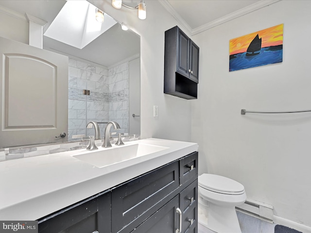 full bath featuring toilet, ornamental molding, a shower, a baseboard radiator, and vanity