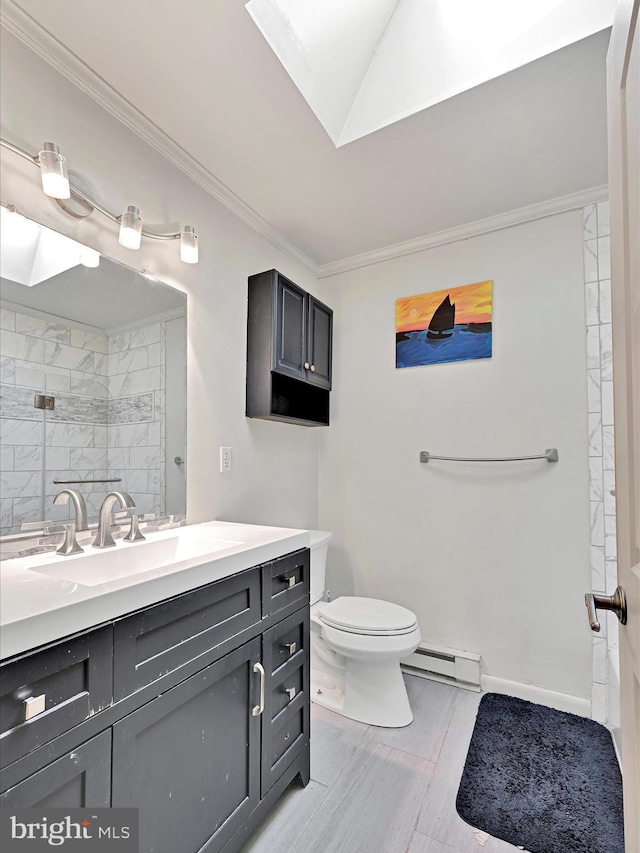 bathroom with crown molding, a baseboard heating unit, toilet, tiled shower, and vanity