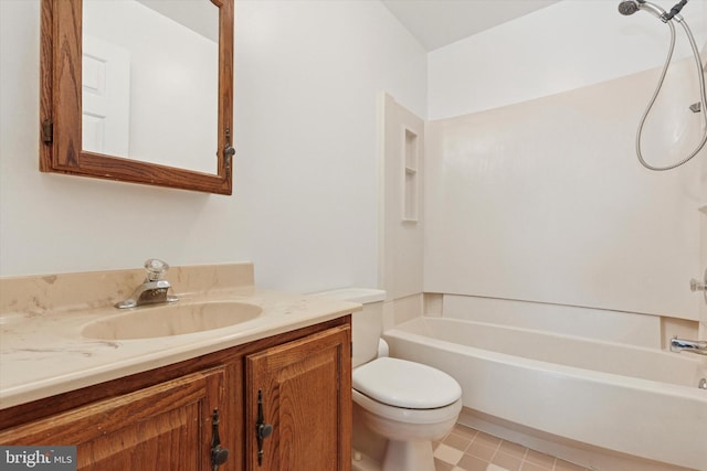 full bathroom with vanity,  shower combination, and toilet