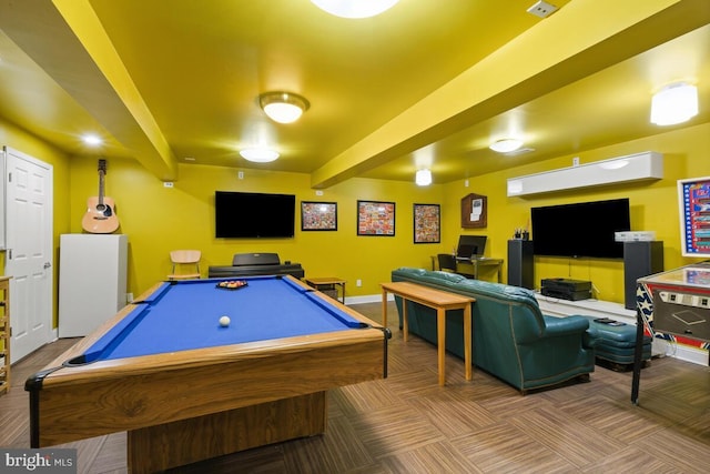 game room featuring baseboards, carpet floors, and beam ceiling