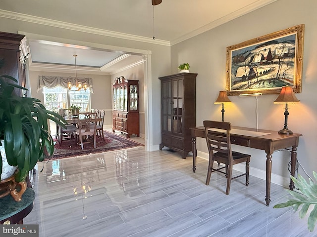 dining space featuring baseboards, light wood-type flooring, an inviting chandelier, and ornamental molding