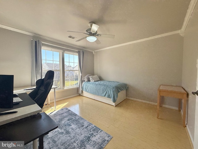 bedroom with visible vents, light wood-type flooring, baseboards, and ornamental molding