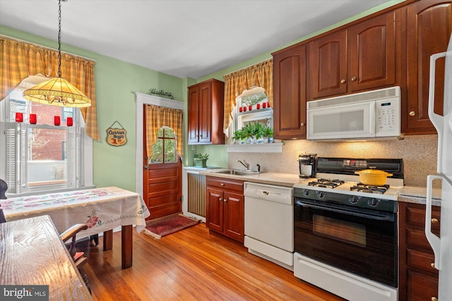 kitchen with white appliances, light wood-style floors, light countertops, decorative backsplash, and hanging light fixtures