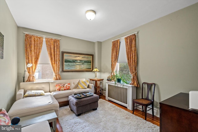 living area with radiator heating unit and wood finished floors