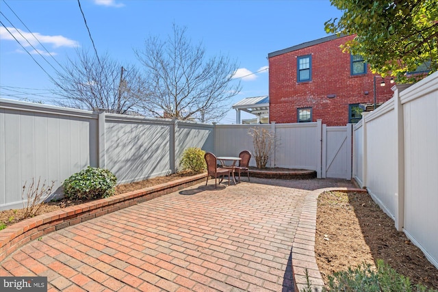 view of patio with a fenced backyard and a gate