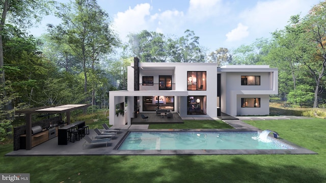 rear view of property featuring a balcony, a yard, an outdoor pool, stucco siding, and a patio area