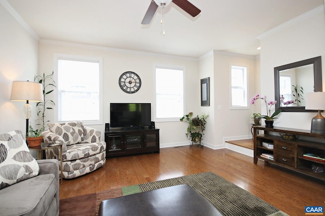 2444 Winthrop Dr, Charlottesville, VA 22911 - living room featuring a ceiling fan, crown molding, baseboards, and wood finished floors