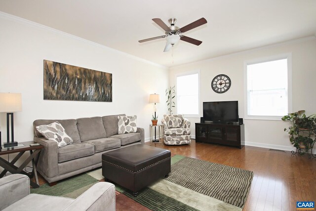2444 Winthrop Dr, Charlottesville, VA 22911 - living area featuring baseboards, wood finished floors, ornamental molding, and a ceiling fan