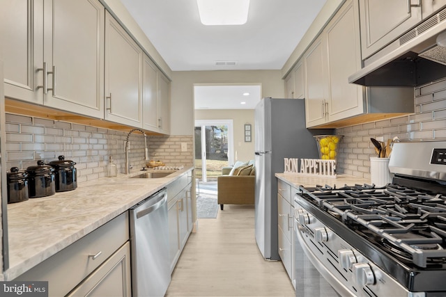 kitchen featuring light wood-type flooring, under cabinet range hood, a sink, tasteful backsplash, and stainless steel appliances