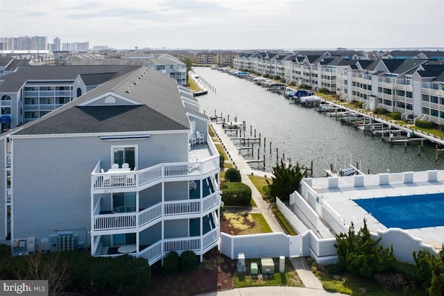 bird's eye view with a water view