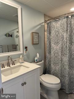 bathroom with a shower with shower curtain, toilet, and vanity