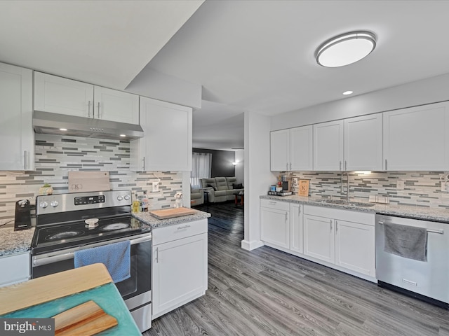 kitchen featuring light wood finished floors, a sink, white cabinets, under cabinet range hood, and appliances with stainless steel finishes