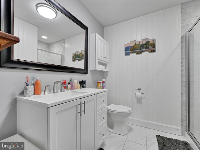 full bathroom featuring a shower stall, toilet, and marble finish floor