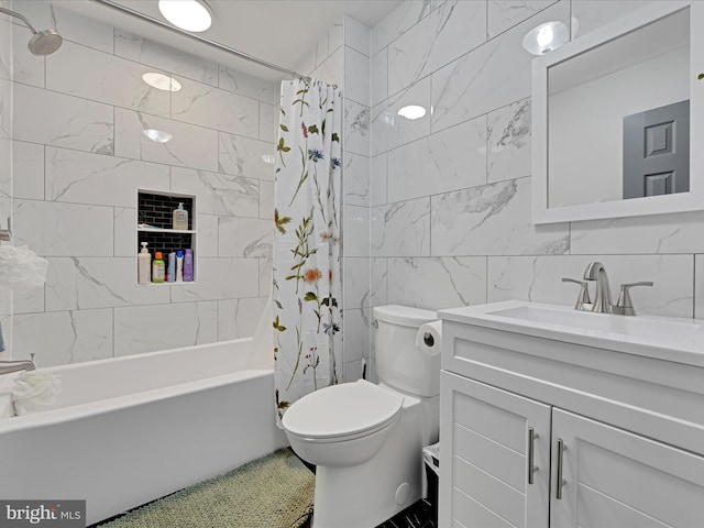 bathroom with shower / bathtub combination with curtain, toilet, tile walls, and vanity