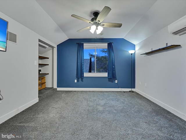 additional living space featuring lofted ceiling, carpet flooring, baseboards, and ceiling fan