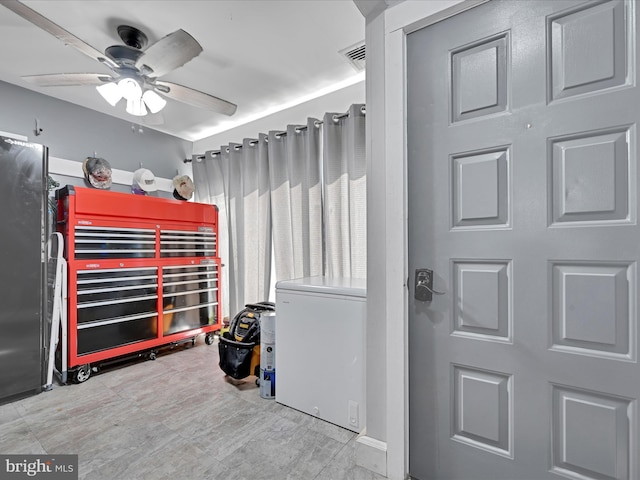 interior space with fridge, visible vents, and a ceiling fan