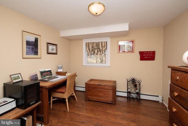 office space with baseboard heating and dark wood-style flooring