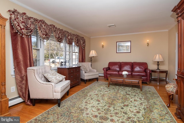 living room featuring ornamental molding, wood finished floors, visible vents, and a baseboard radiator