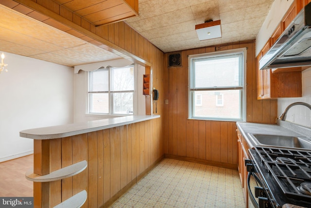 kitchen with a peninsula, a sink, black range with gas stovetop, wood walls, and under cabinet range hood