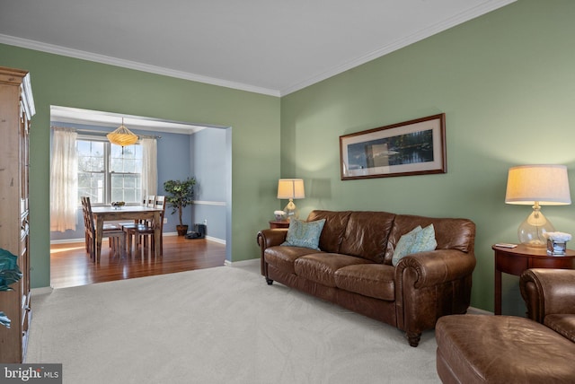 living room featuring carpet flooring, crown molding, baseboards, and wood finished floors