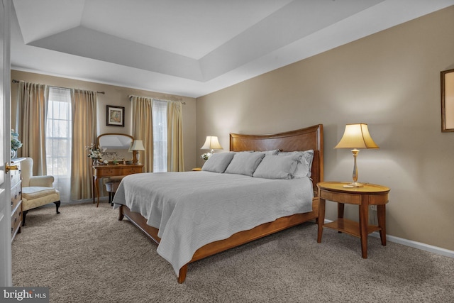 bedroom with a raised ceiling, baseboards, and carpet floors